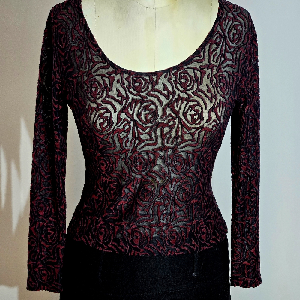 Black sheer fabric crop top with wine red velvet floral pattern, size S, Grunge